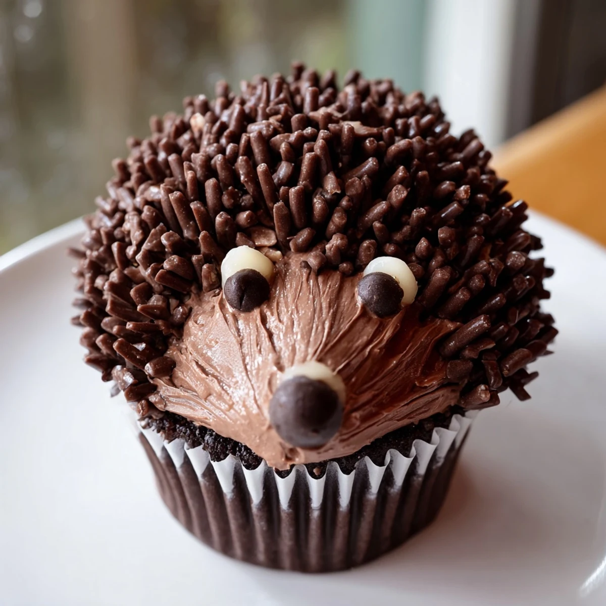 Close-up of a whimsical Hedgehog Cupcake Tower, showing chocolate sprinkles, almond spikes, and sweet faces.