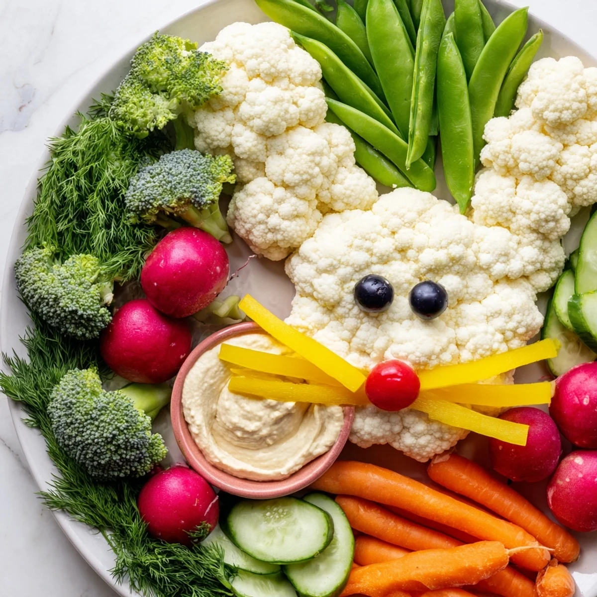 Bunny Meadow Veggie Board: Colorful cherry tomatoes and broccoli create a delicious veggie meadow around the bunny shape.