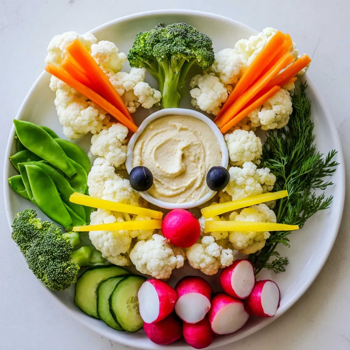 A whimsical Bunny Meadow Veggie Board with fresh veggies, herbs, and dip, perfect for Easter or snacking.