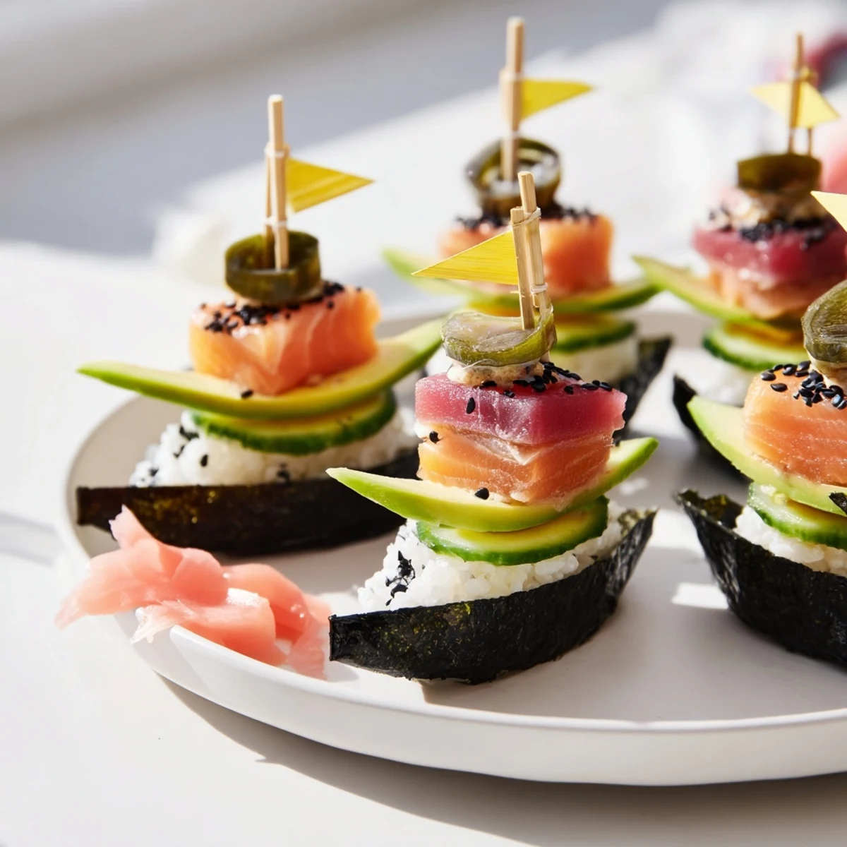 These appealing Sushi Sailboats at Sea are filled with rice, fish, and veggies, perfect for your next party.