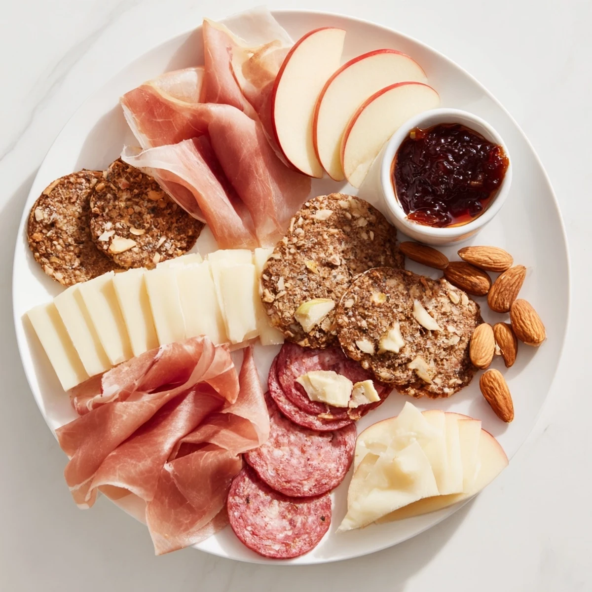 A close-up of a Wine & Food Pairing Platter overflowing with tasty cheeses, meats, and fresh fruit.