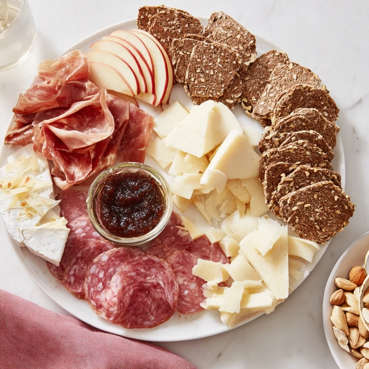 Tasteful arrangement on a wooden board; the perfect Wine & Food Pairing Platter for your next party.