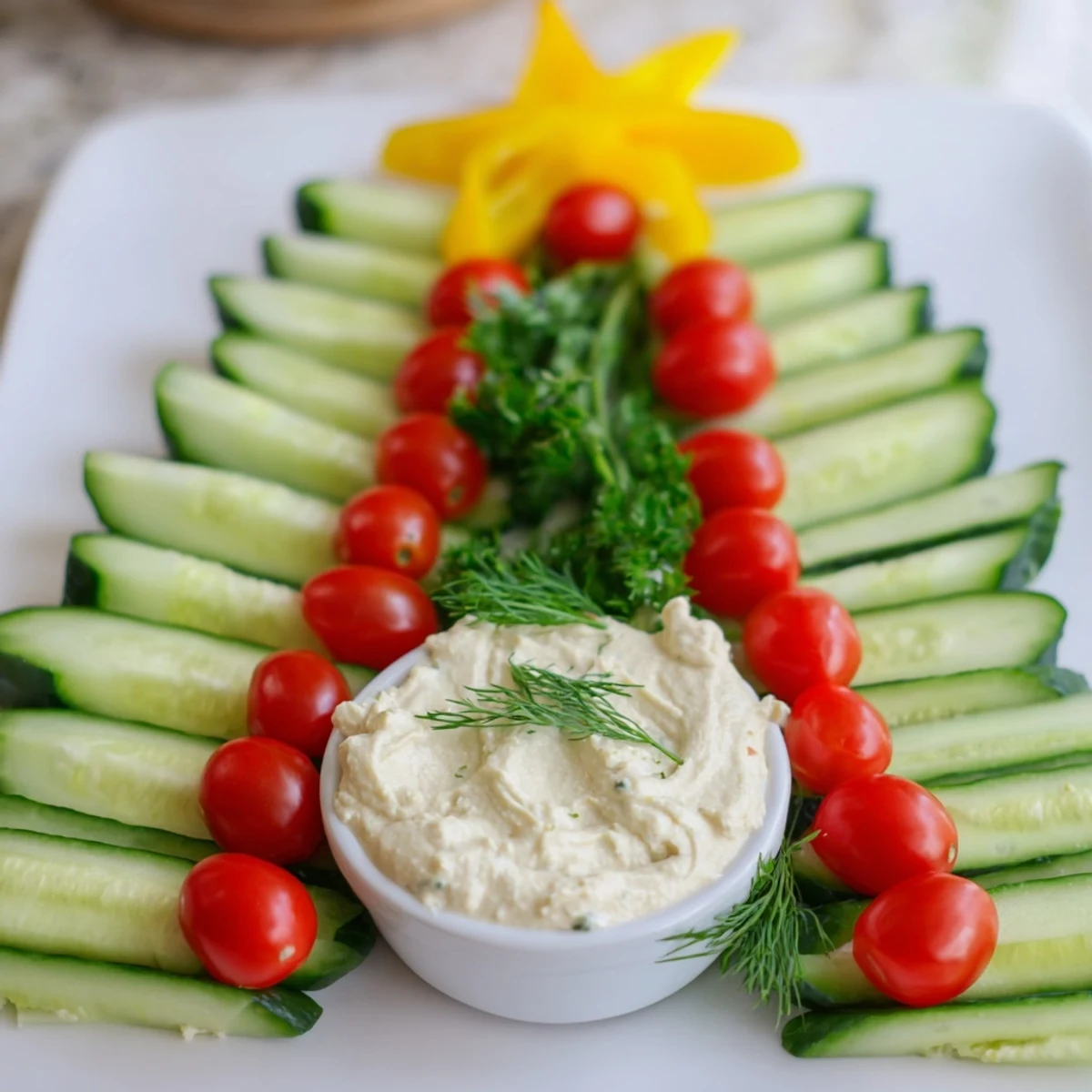 This colorful Cucumber and Tomato Tree Dip Plate offers a refreshing appetizer with cool, crisp cucumbers and tomatoes.