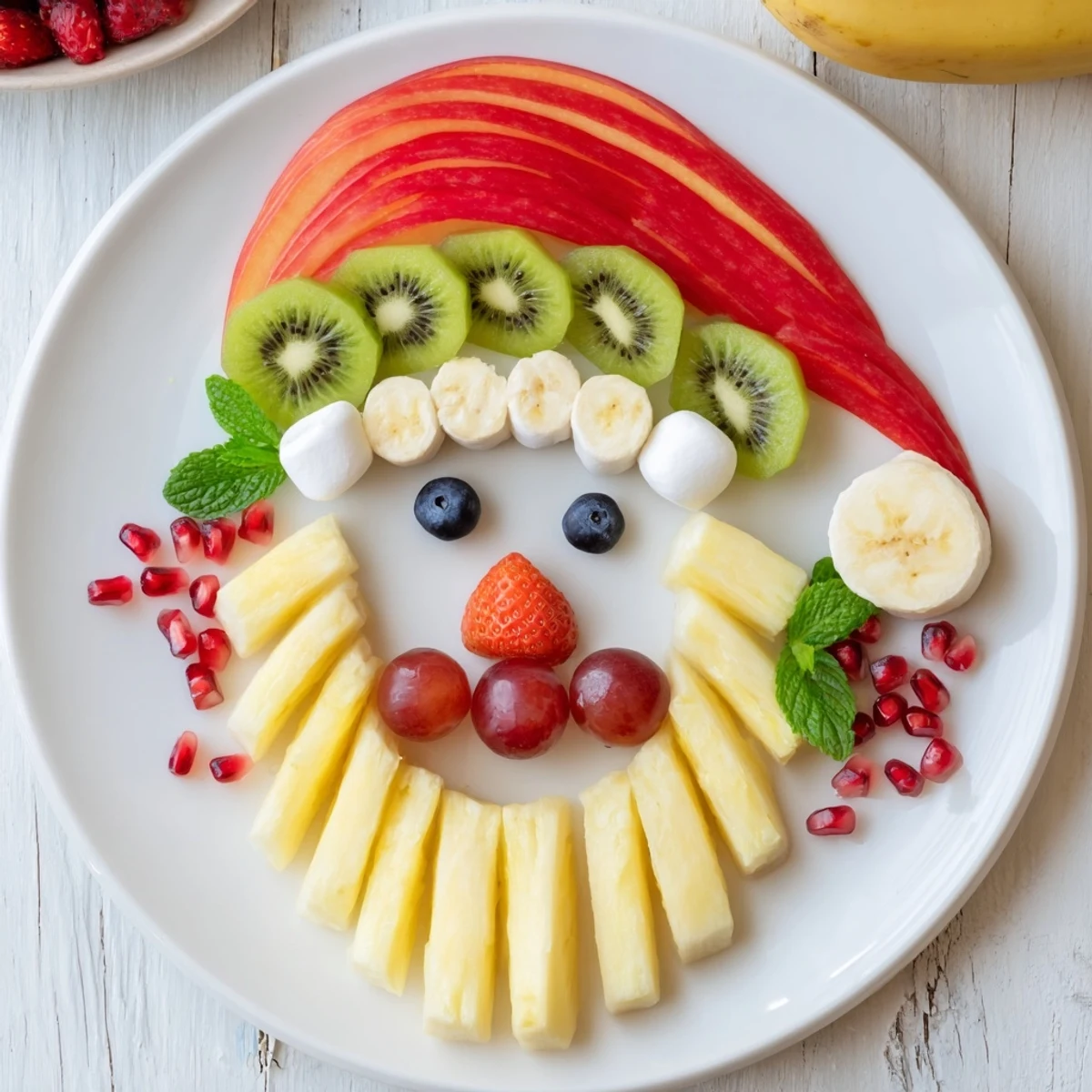 Fresh and festive Santa Fruit Platter with Pineapple Beard, a vibrant holiday dessert bursting with flavor.