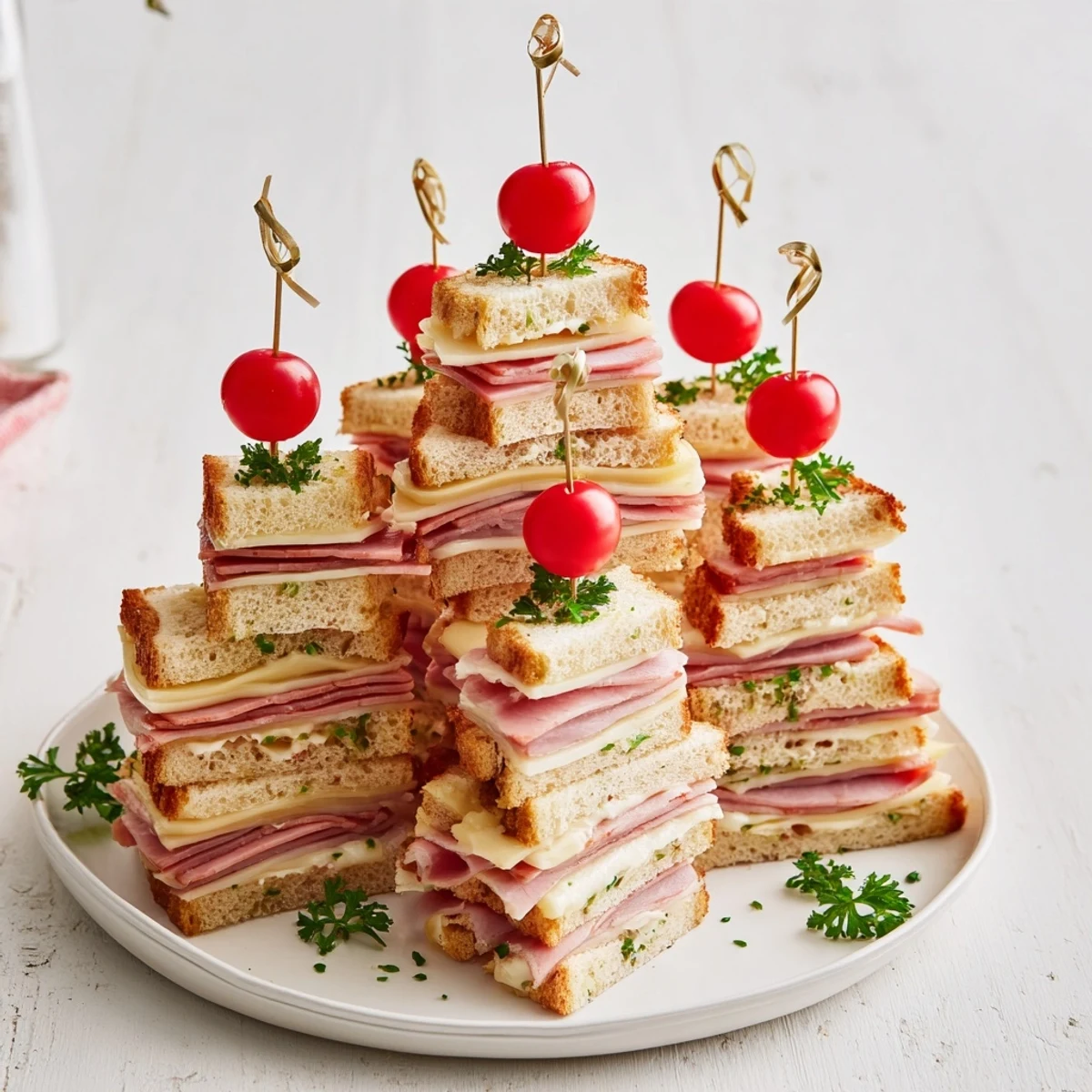 Stack of delectable mini sandwiches: Ham and cheese Christmas tree towers with red tomato toppers and herbs.