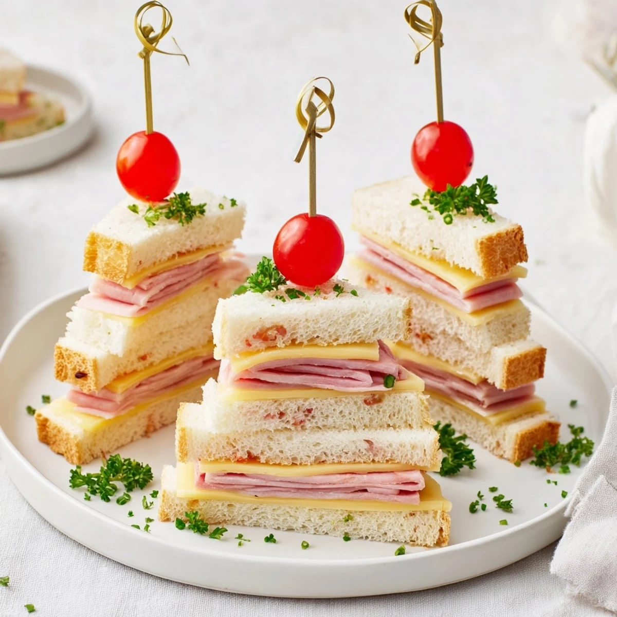 Festive Mini Sandwiches: Ham and cheese Christmas tree towers on a holiday platter ready to serve.