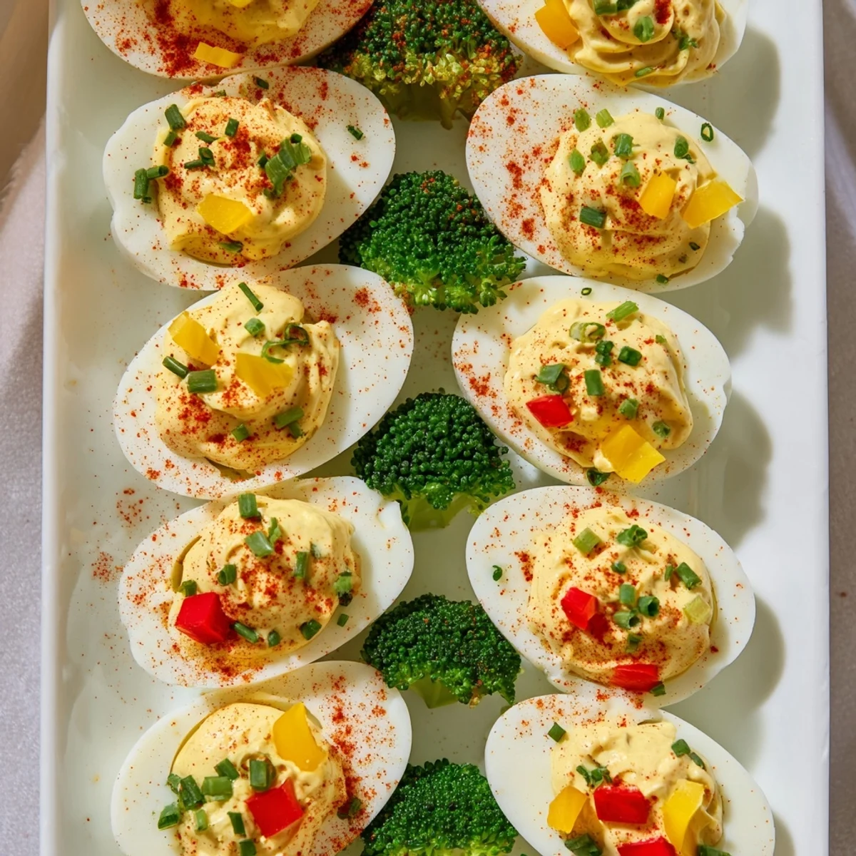 A vibrant Christmas Tree Deviled Eggs platter, decorated with red bell pepper "ornaments" and green onion tips.
