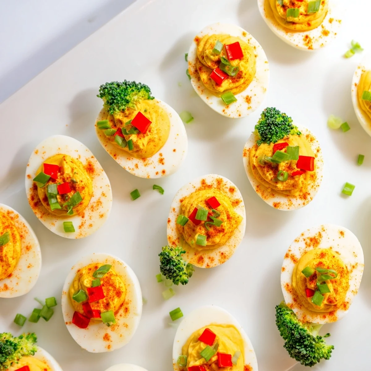 Festive Christmas Tree Deviled Eggs, creamy filling piped into egg whites and garnished with fresh dill sprigs.