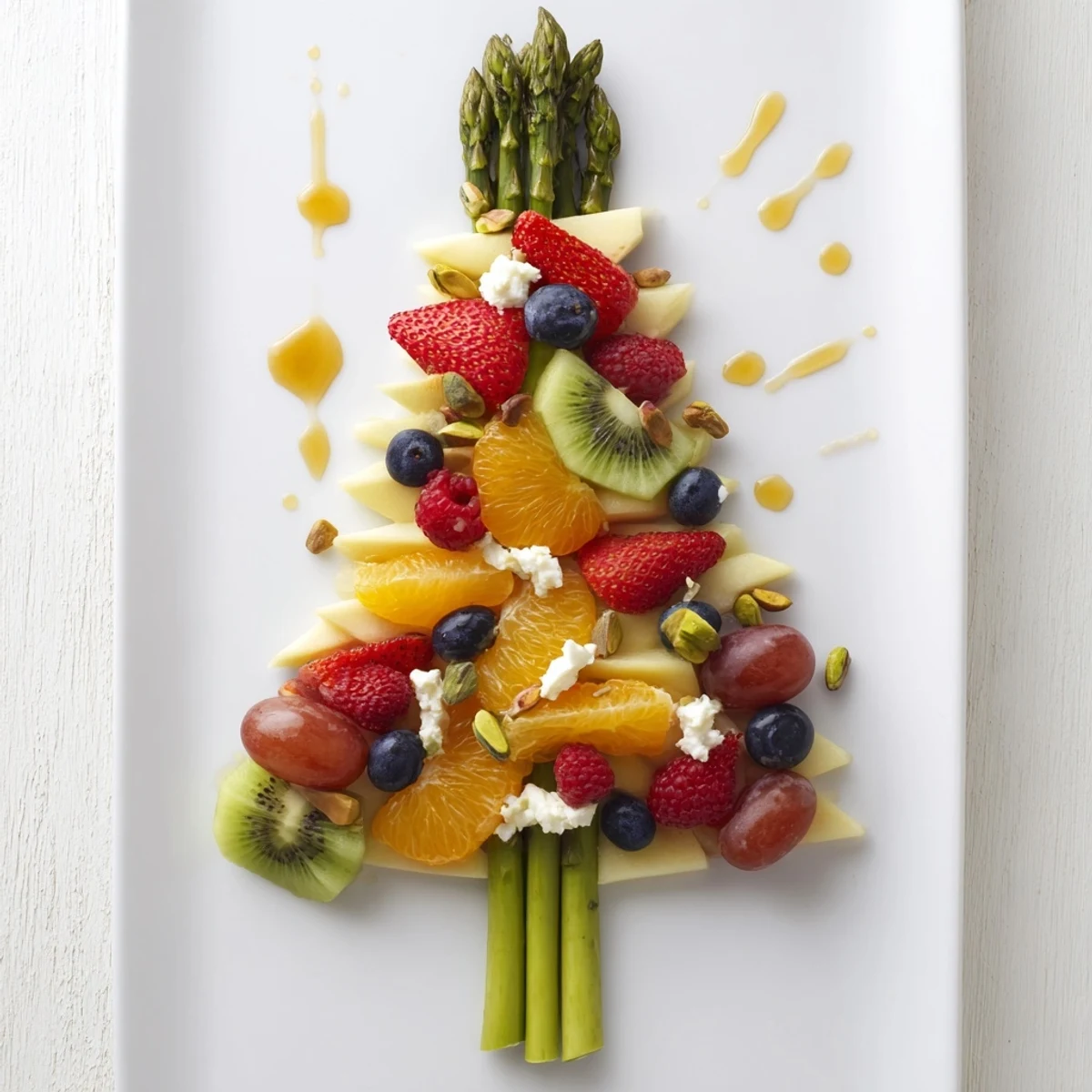 Enjoy a beautifully presented Asparagus Stem Floral Fruit Board overflowing with seasonal fruits and fresh asparagus.