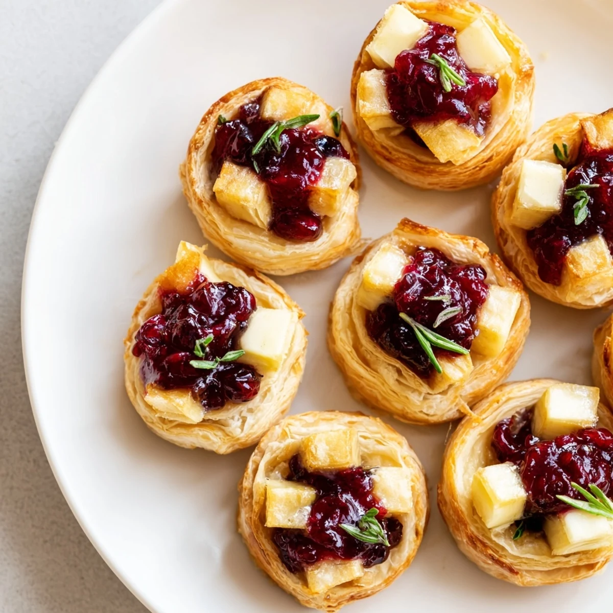 A close-up of a delightful Mini Cranberry Brie Tart Wreath, offering a blend of sweet and savory flavors.
