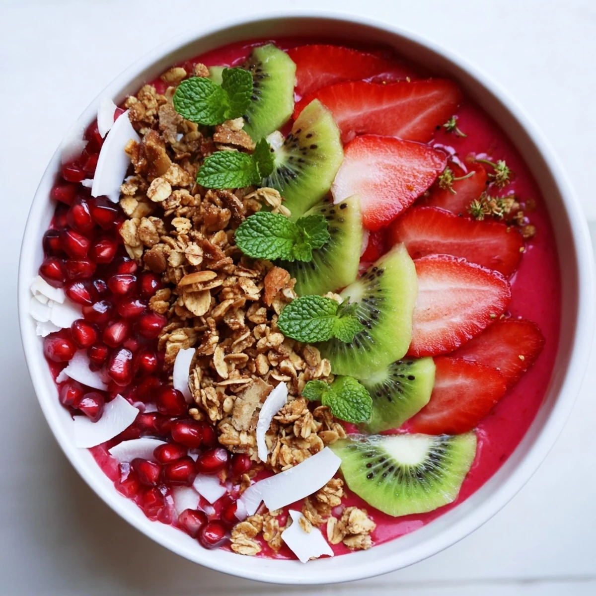 Festive Red and Green Smoothie Bowls, layered with colorful fruit, granola, and ready to enjoy for brunch.
