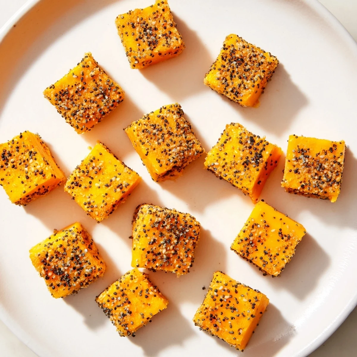 Crispy, golden cheese cubes coated in everything bagel seasoning, perfect bite-sized snacks for gatherings.