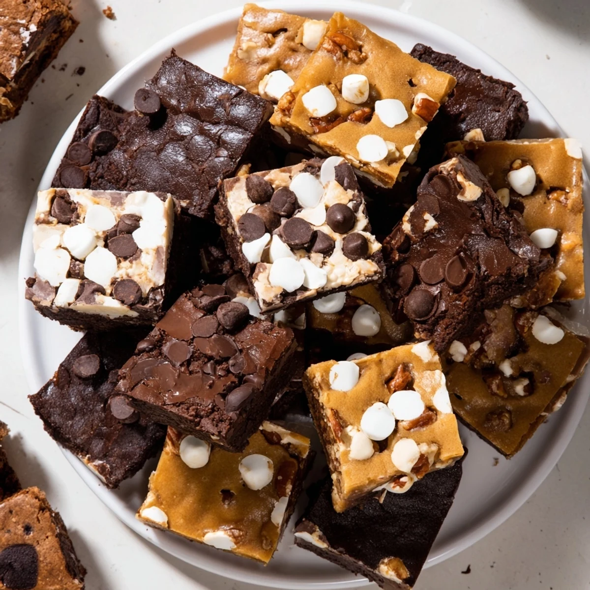 A close-up of a Dessert Platter showcases rich chocolate brownies and buttery blondie squares.
