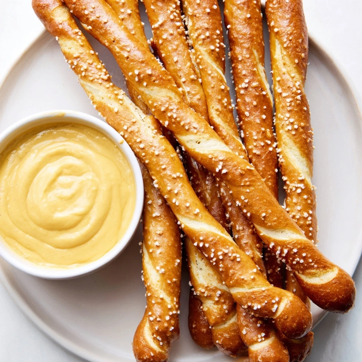 Crispy pretzel rods ready to dunk into a vibrant, homemade hot mustard dip for snacking.