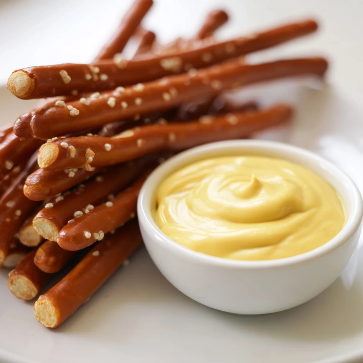 Golden pretzel rods perfectly displayed beside a bowl of spicy, flavorful hot mustard dipping sauce.