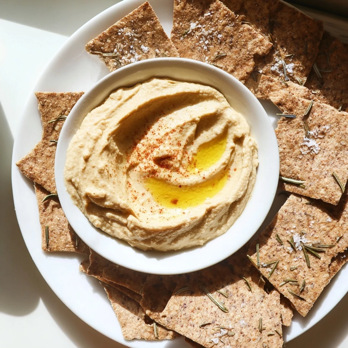 Golden, crispy Holiday Crackers: Rosemary Cracker and Hummus Duo with creamy, smooth hummus, perfect for dipping.