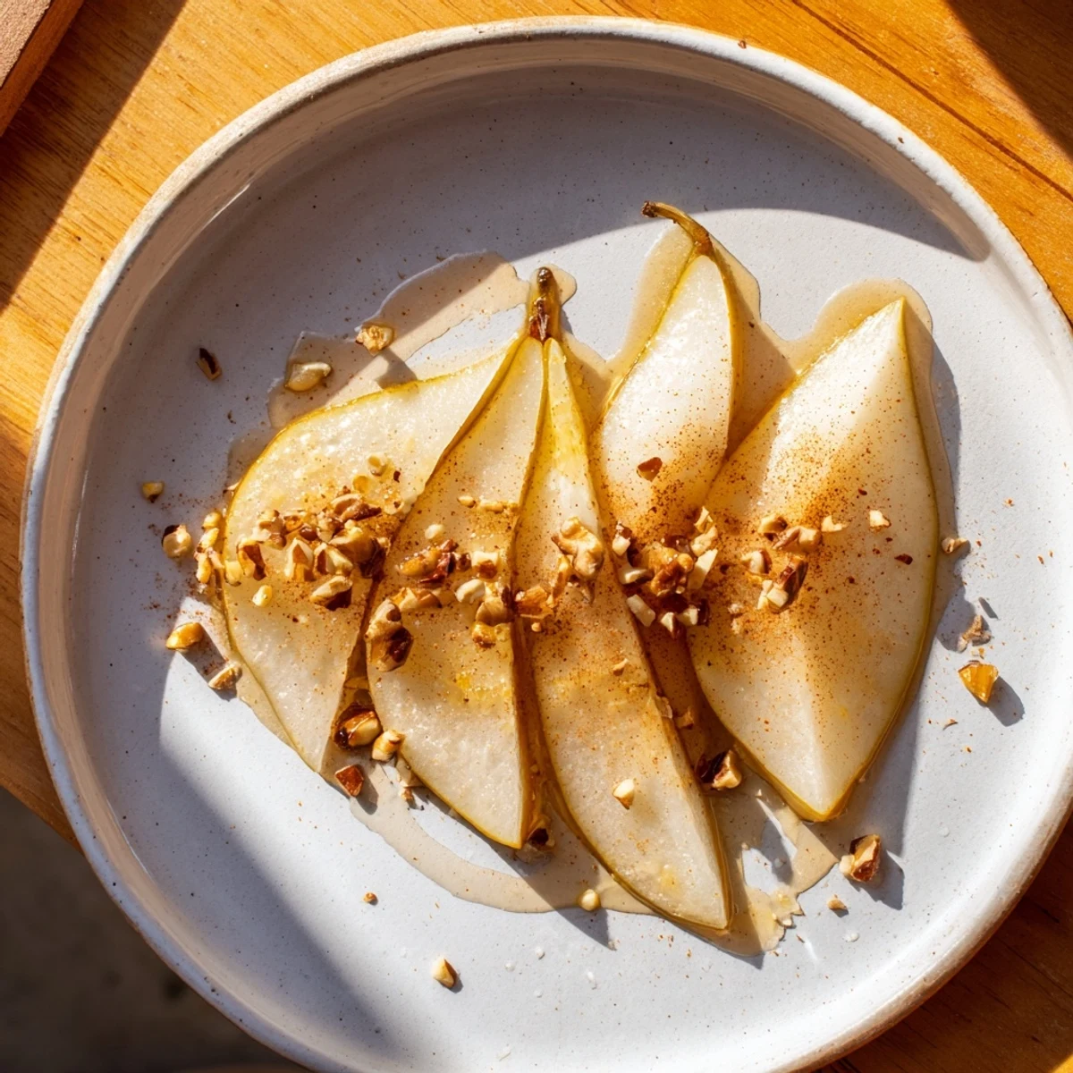 Close-up of the glistening honey over the pear slices, ready to brighten your day.