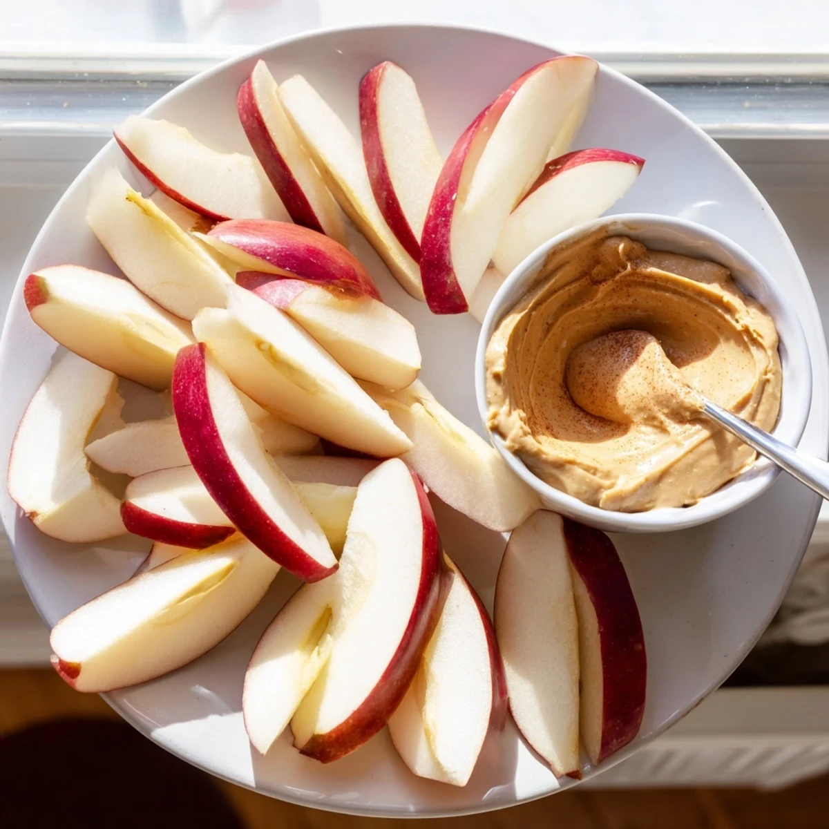 Crisp apple slices paired with a creamy peanut butter dip, a perfect sweet and savory snack.