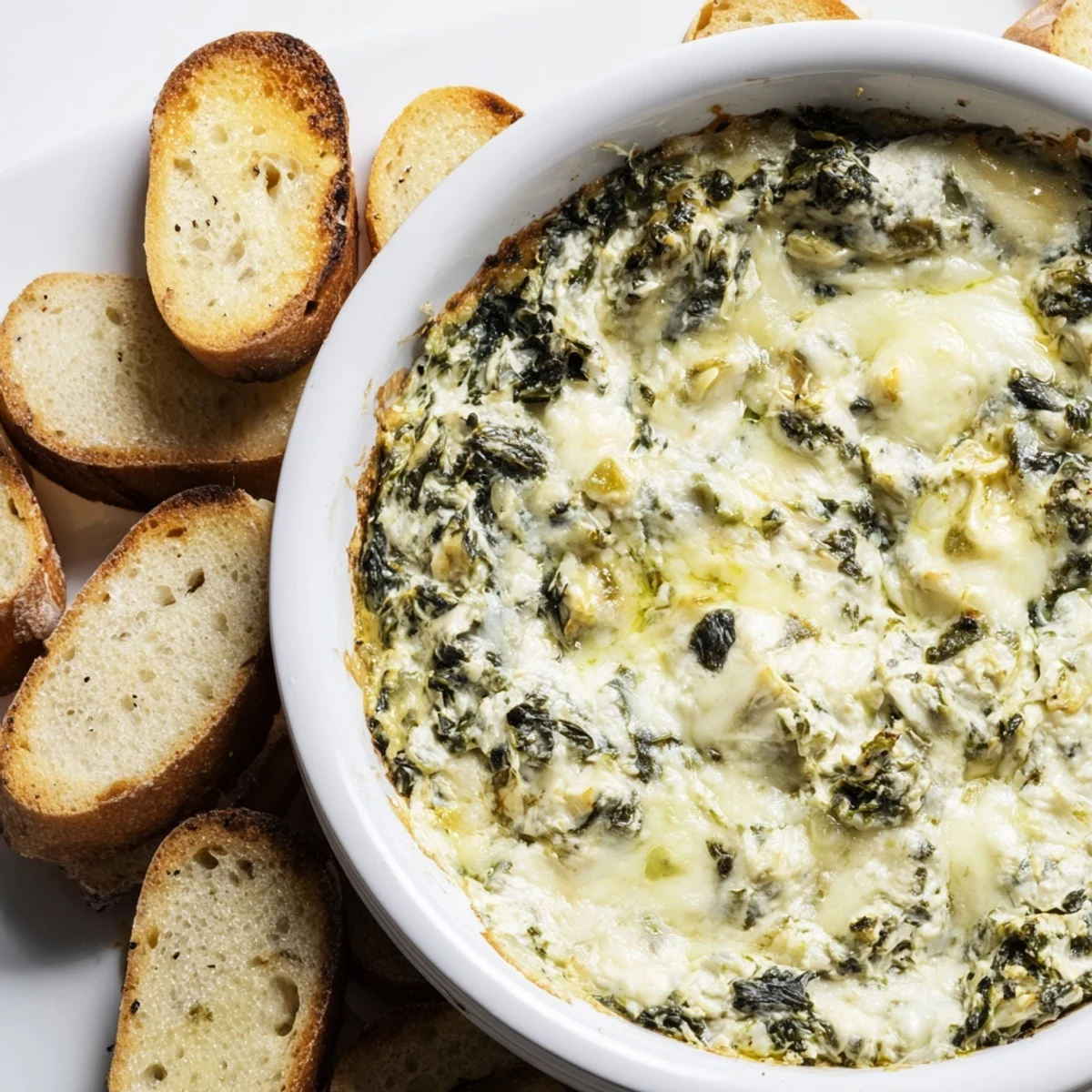 Warm and bubbly spinach artichoke dip, served with crispy toasted baguette slices, perfect for sharing.