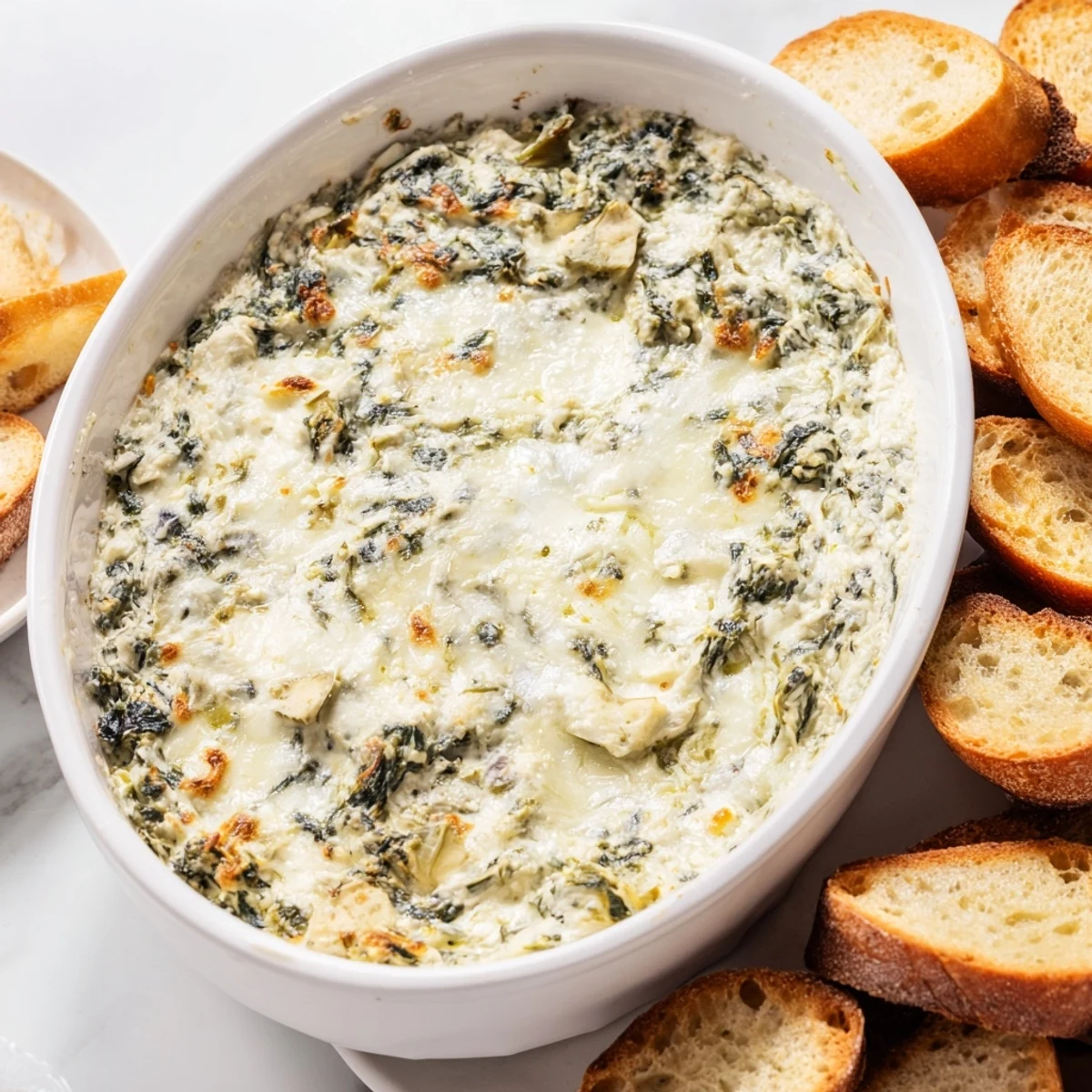 Creamy spinach artichoke dip, topped with melted cheese, ready to be scooped with toasted baguette rounds.