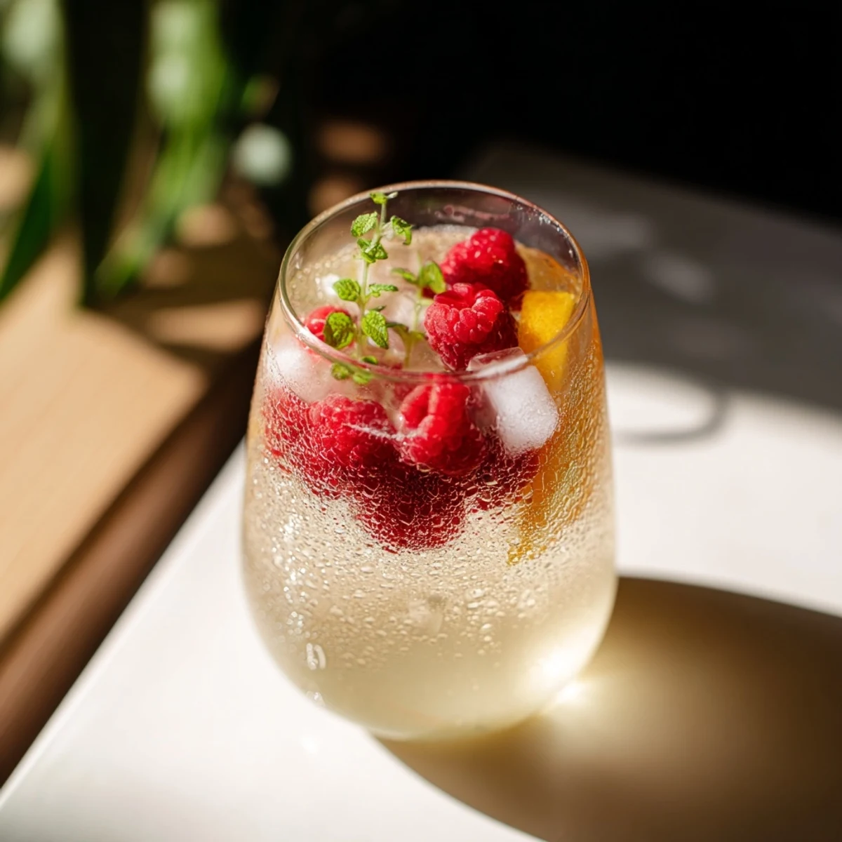 Refreshing Sparkling Juice with Raspberries, garnished with mint and orange slices, bubbling in a clear glass.