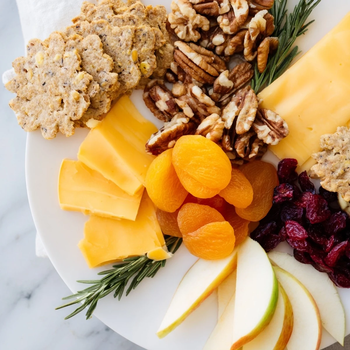 Artfully arranged Thanksgiving Leaf Fall snack board with leaf-cut cheese, crackers, and fall-colored dried fruits.