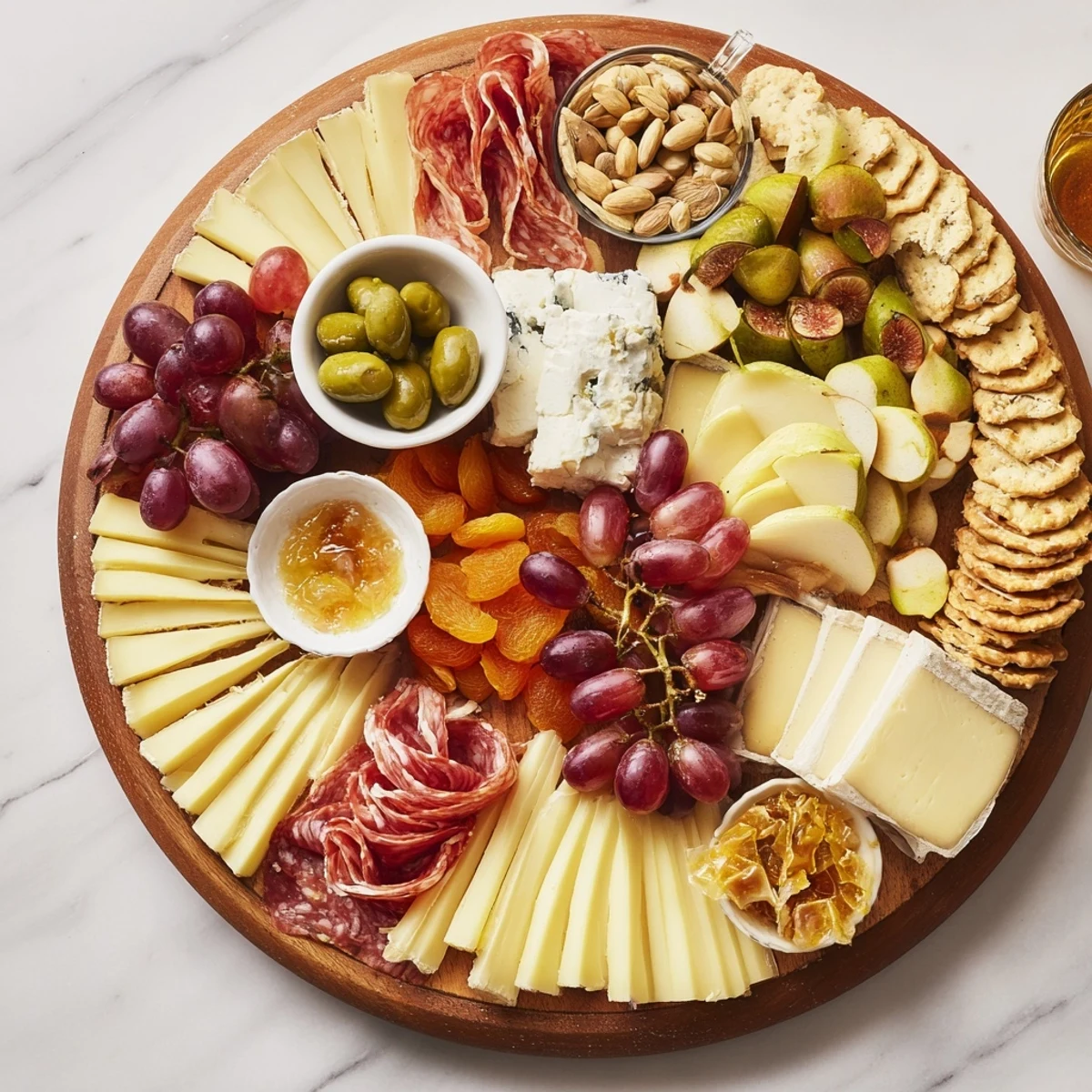 Elegant Gilded Edge cheese board: a vibrant array of cheeses and charcuterie, ready for your party.