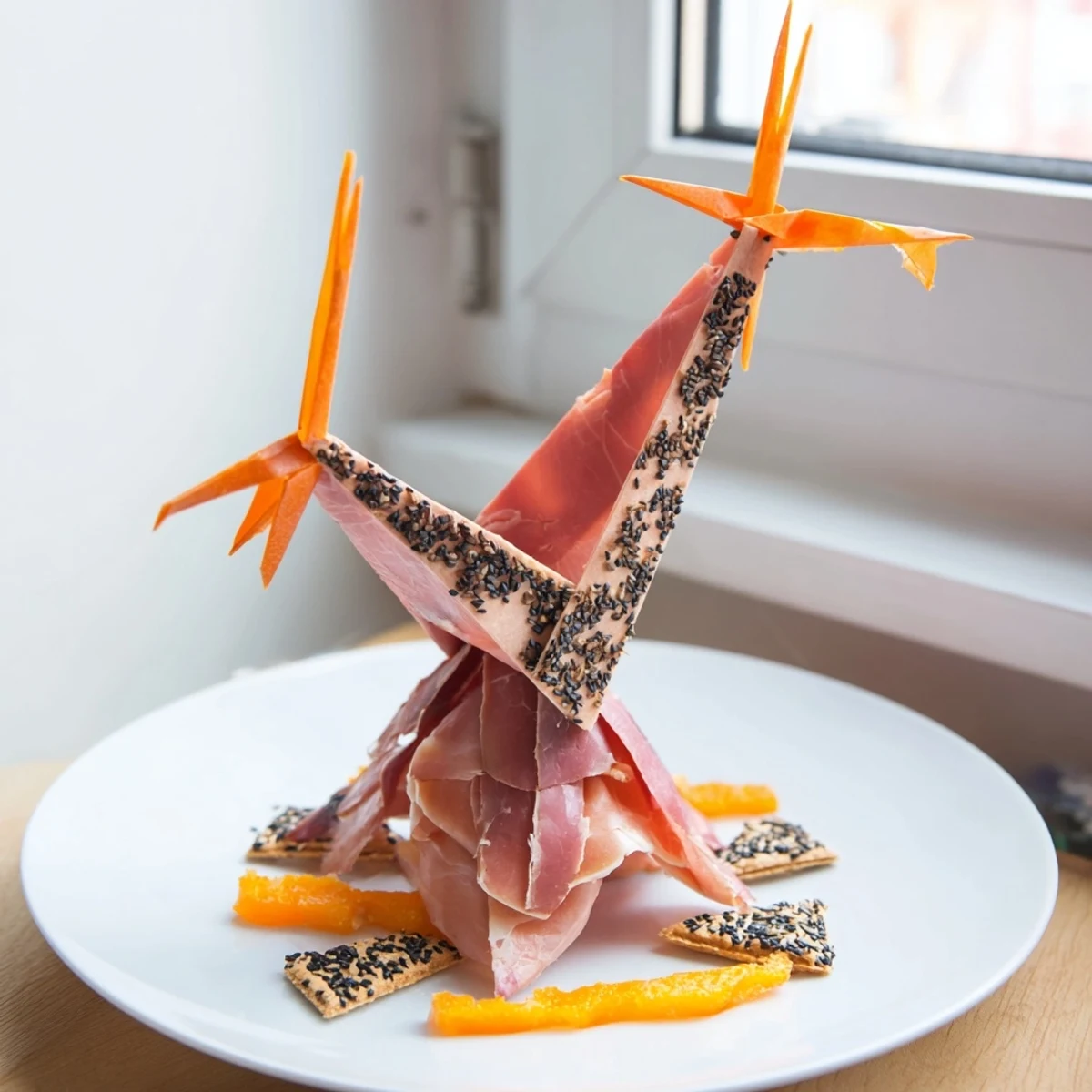 Paper Crane appetizer: Artfully arranged prosciutto and turkey fanning outward, creating an edible sculpture on a platter.