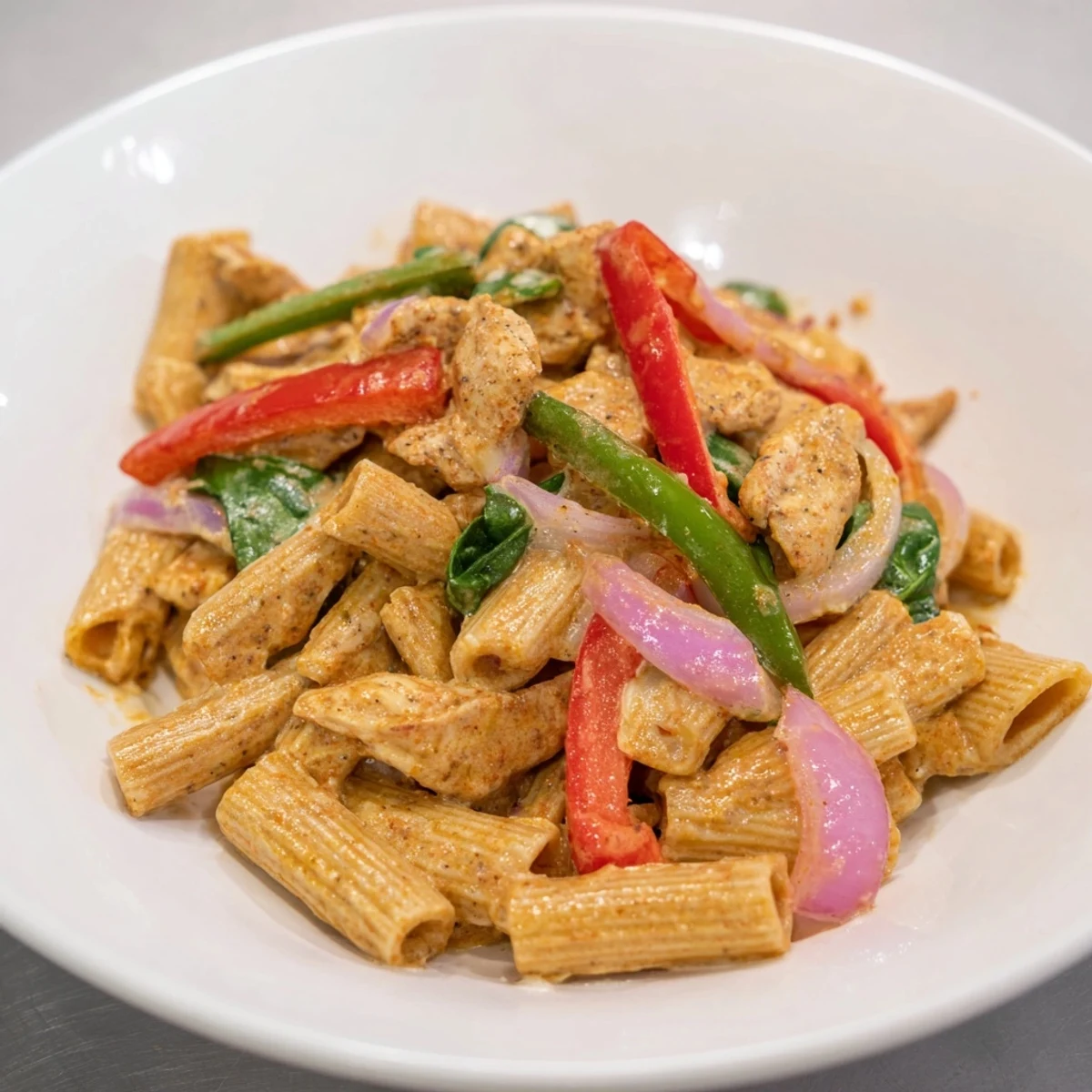 Creamy Cajun Dirty Snow Chicken Pasta, a vibrant plate of pasta with chicken and colorful bell peppers.