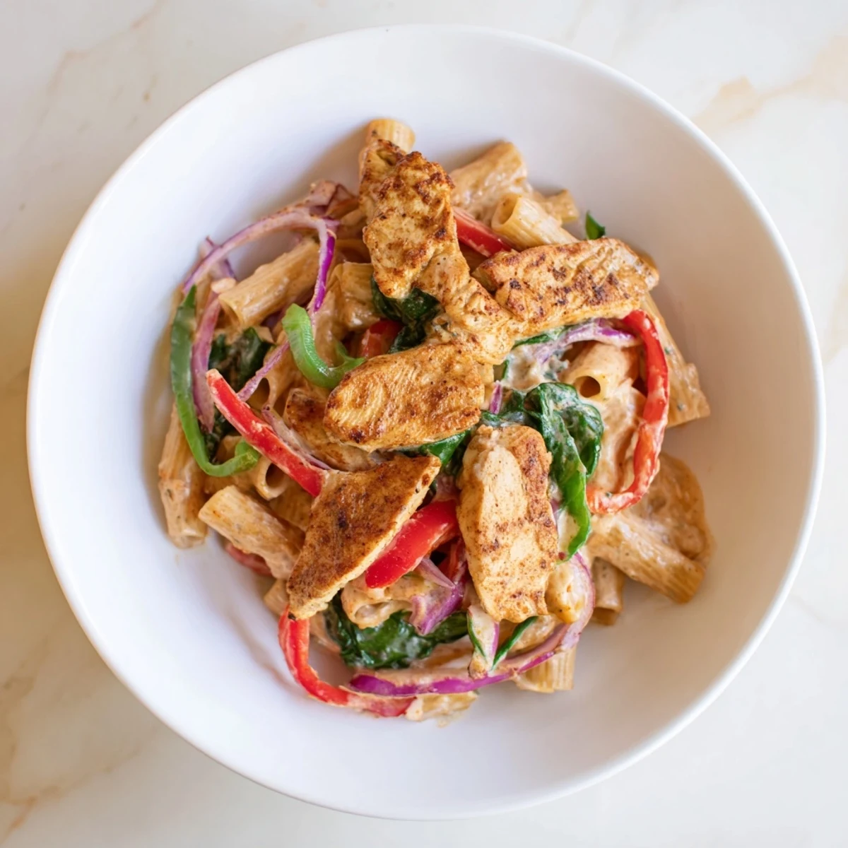 Garnish creamy Cajun Dirty Snow Chicken Pasta with parmesan, a visual and flavorful delight.