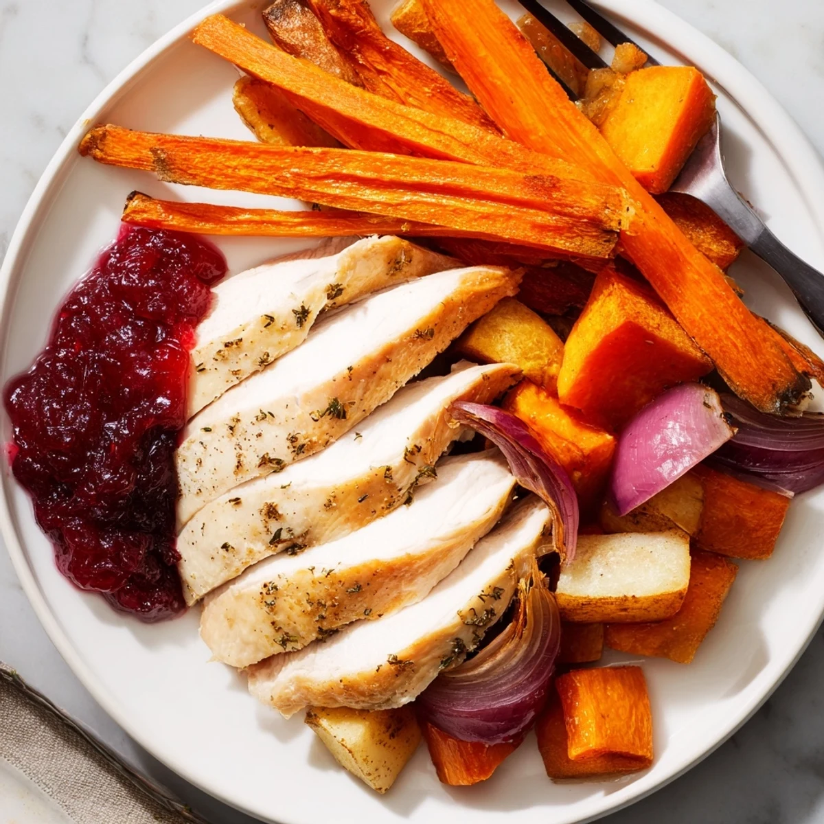 A Harvest Turkey Platter features tender turkey, vibrant roasted vegetables, and a beautiful cranberry sauce.