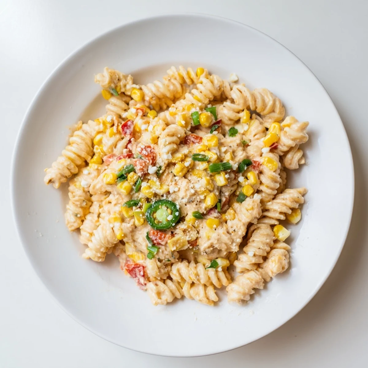 Creamy One-Pot Mexican Street Corn Pasta with vibrant corn and a sprinkle of crumbled cheese.