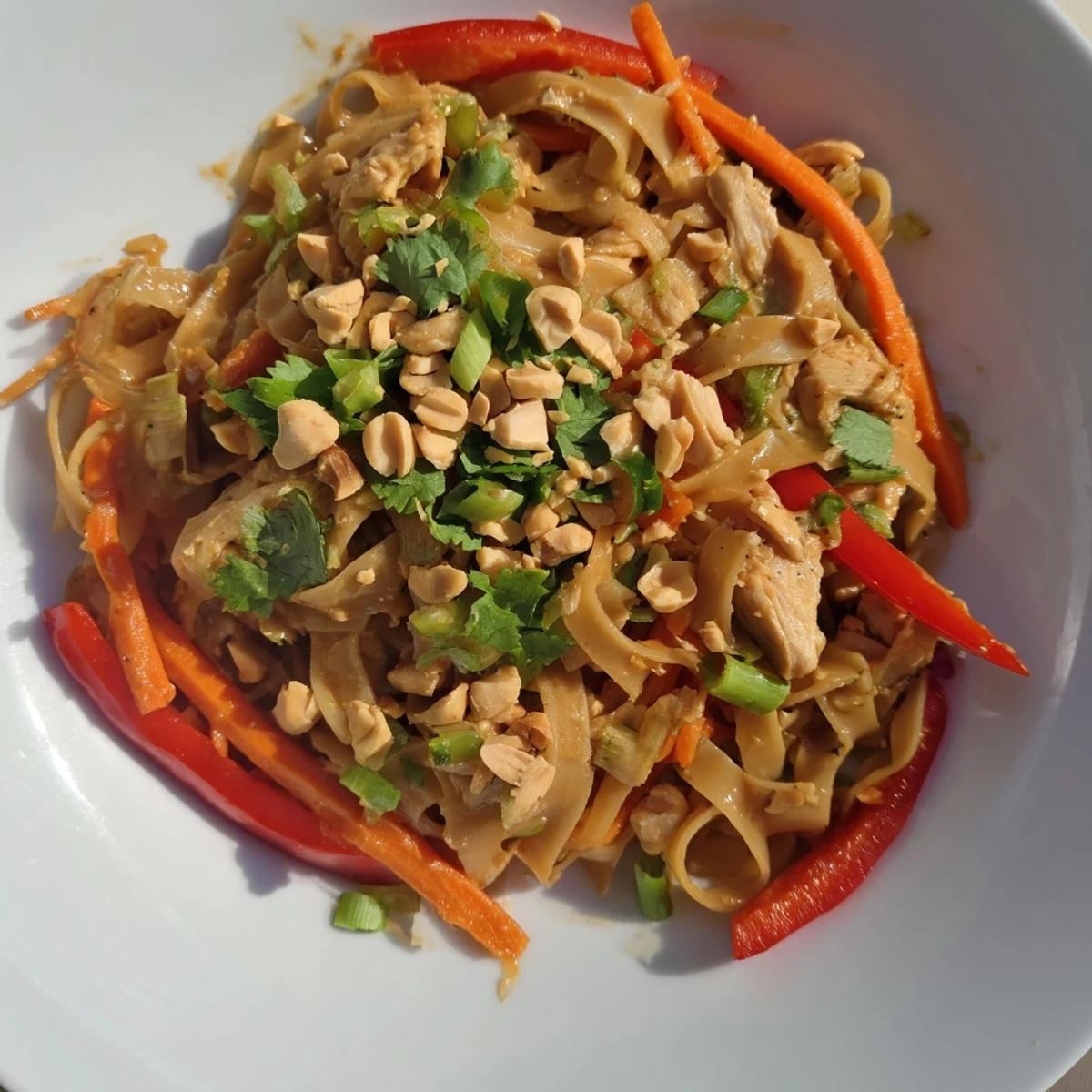 This flavorful Thai-Inspired Peanut Chicken Pasta salad showcases colorful vegetables with a creamy peanut dressing.