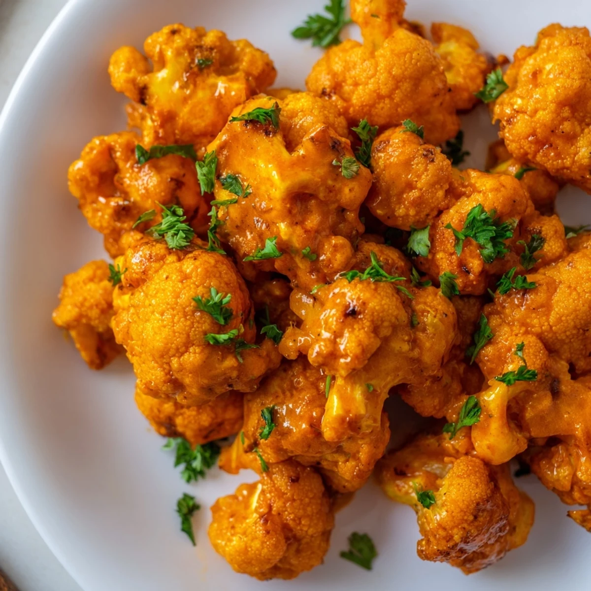 Golden, crispy Sriracha-Buffalo Cauliflower Bites, coated in a shiny, fiery sauce, ready to serve.