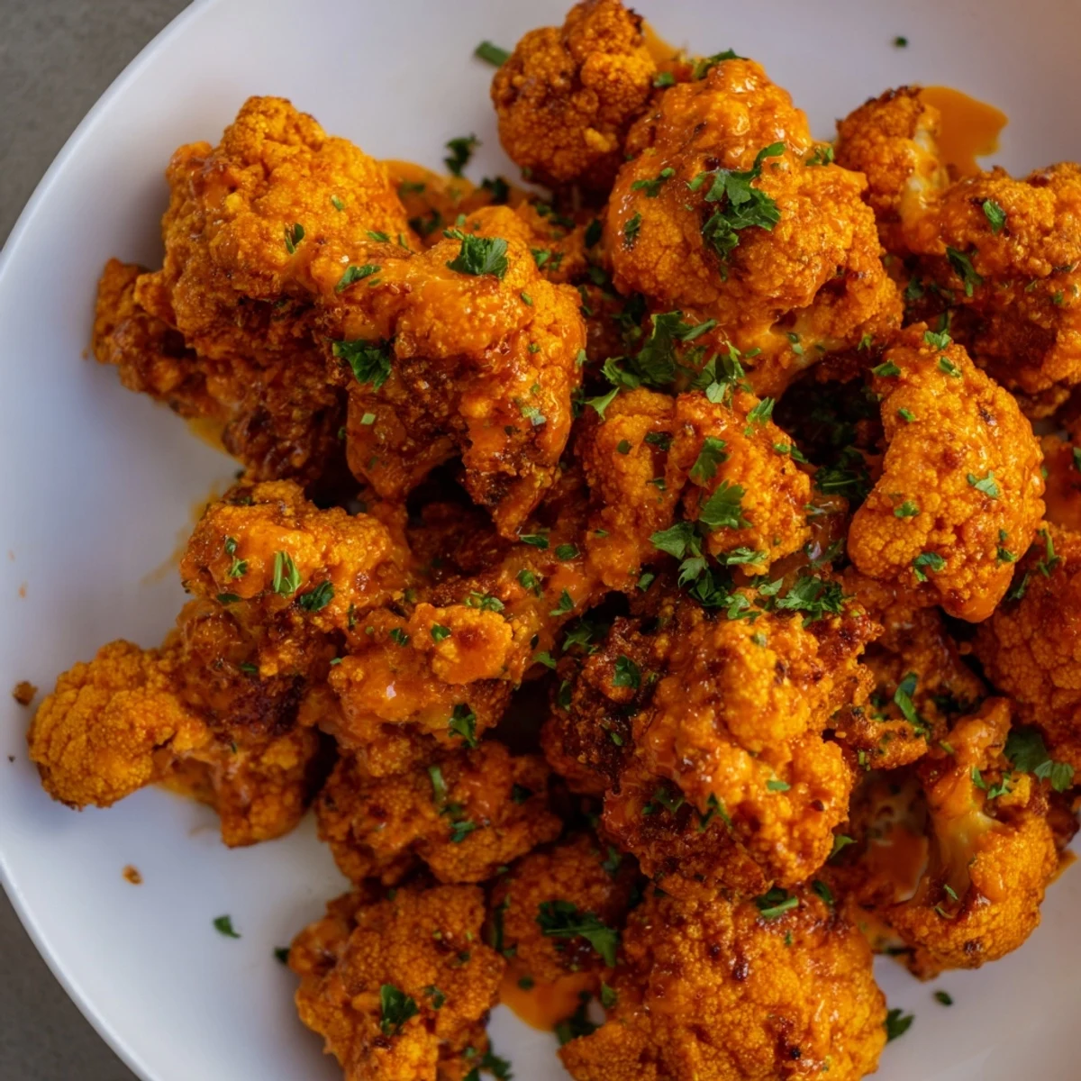 Vibrant plate of freshly baked Sriracha-Buffalo Cauliflower Bites, ready to enjoy as a flavorful snack.