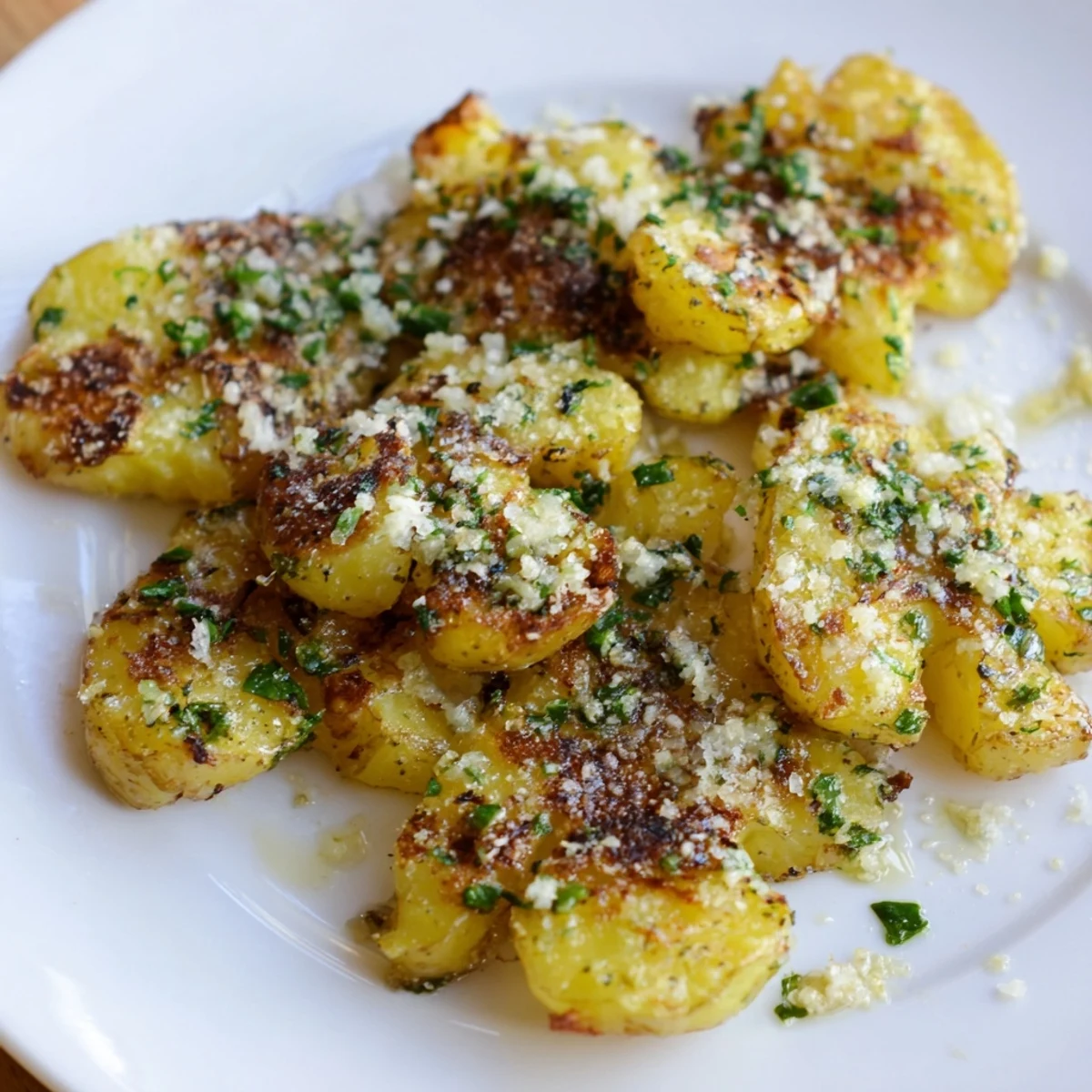 Golden-brown Parmesan smashed potatoes with crispy edges, garlic, and fresh herbs, ready to serve.