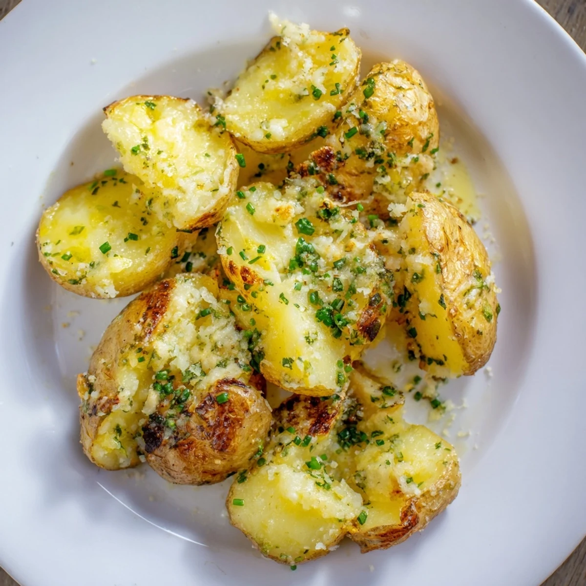 A close-up of oven-baked Parmesan smashed potatoes, showcasing fluffy insides and golden, crunchy exteriors.
