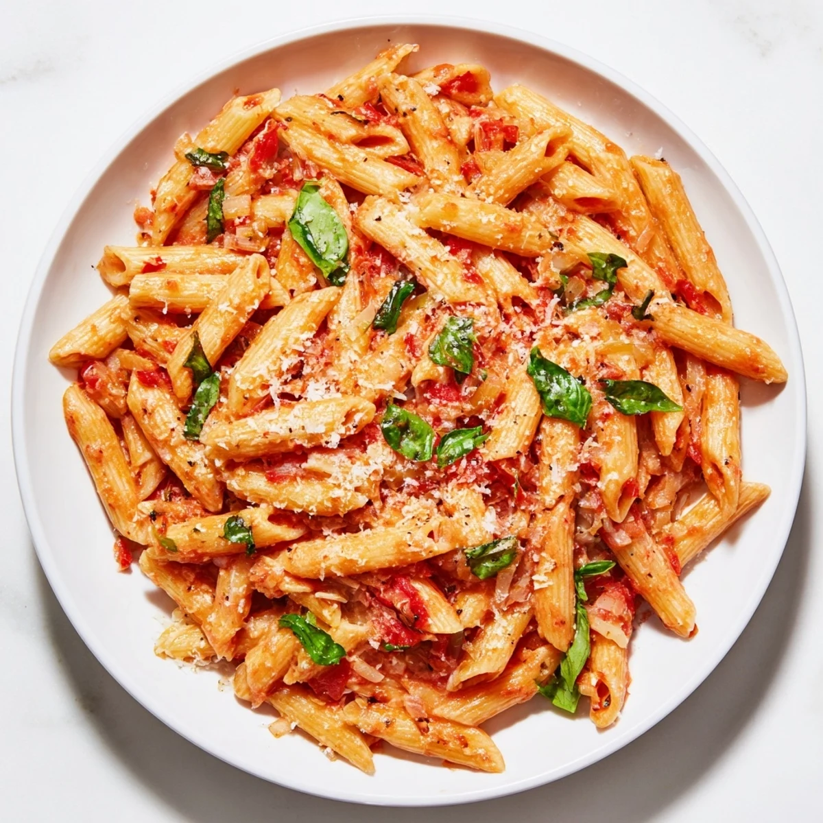 Steaming Basil Garlic One-Pot Creamy Tomato Pasta, rich with Parmesan, ready to serve, fragrant basil.