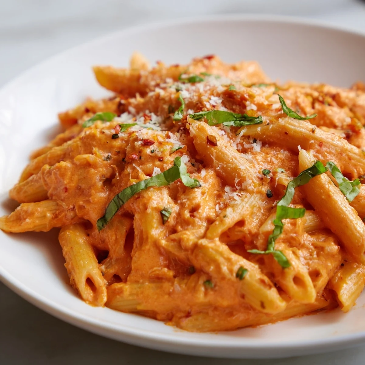 Vibrant red Basil Garlic One-Pot Creamy Tomato Pasta with creamy sauce, invitingly plated and ready to eat.
