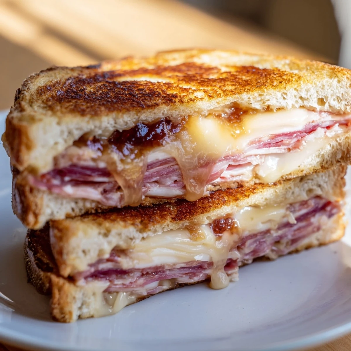 A close-up of a perfectly grilled Charcuterie Grilled Cheese, ready to be sliced and enjoyed.
