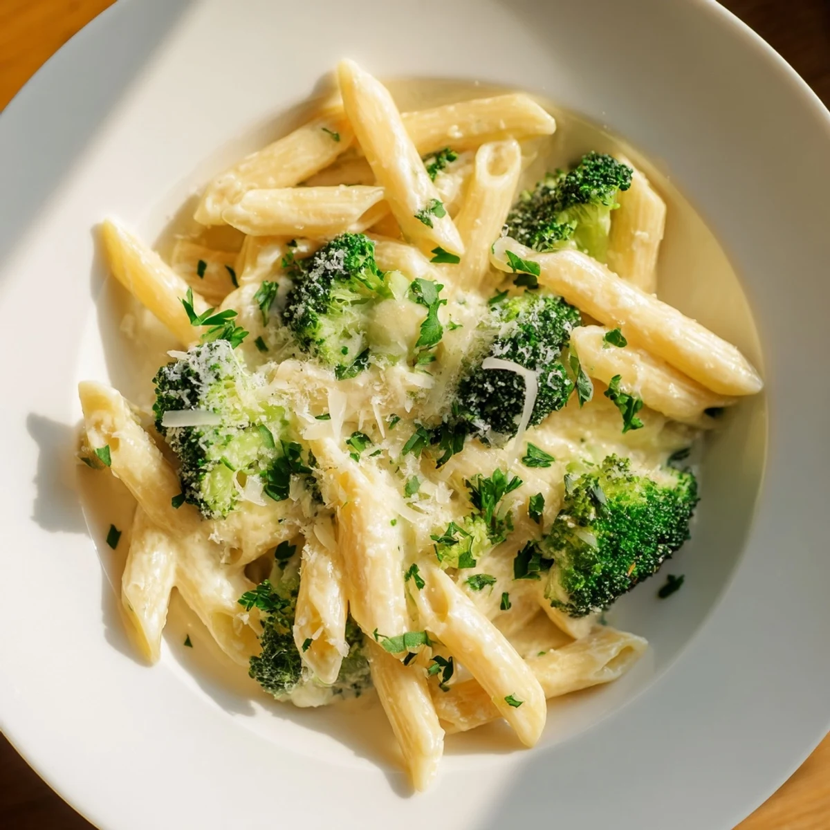 Creamy cream cheese garlic pasta, a comforting vegetarian meal with tender broccoli florets.