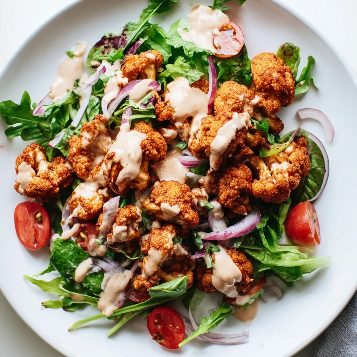 Golden-brown air-fried cauliflower florets in this Crispy Cauliflower Salad with a creamy tahini sauce.