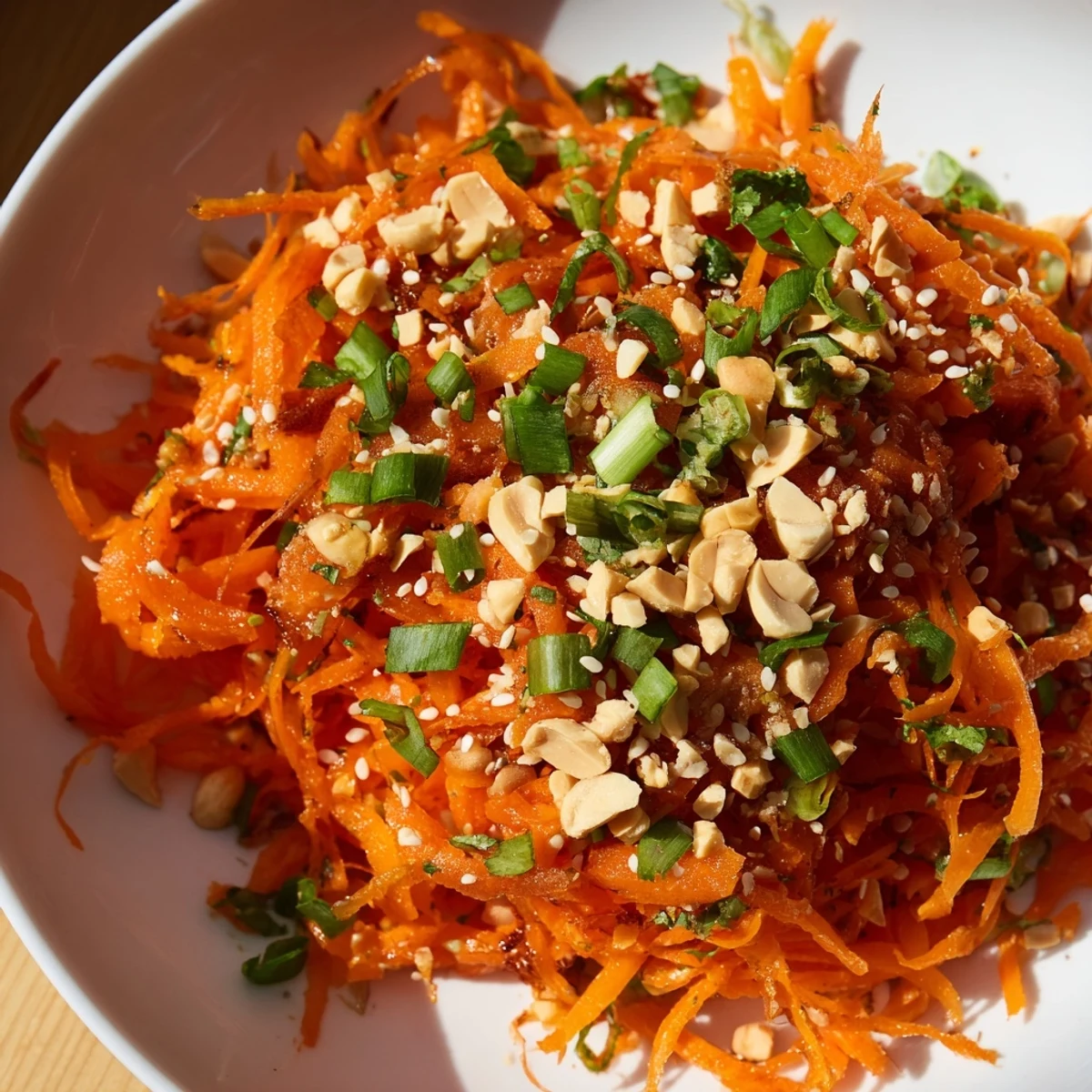Vibrant Spicy Carrot Salad with shredded carrots, a bright orange, ready to be enjoyed.