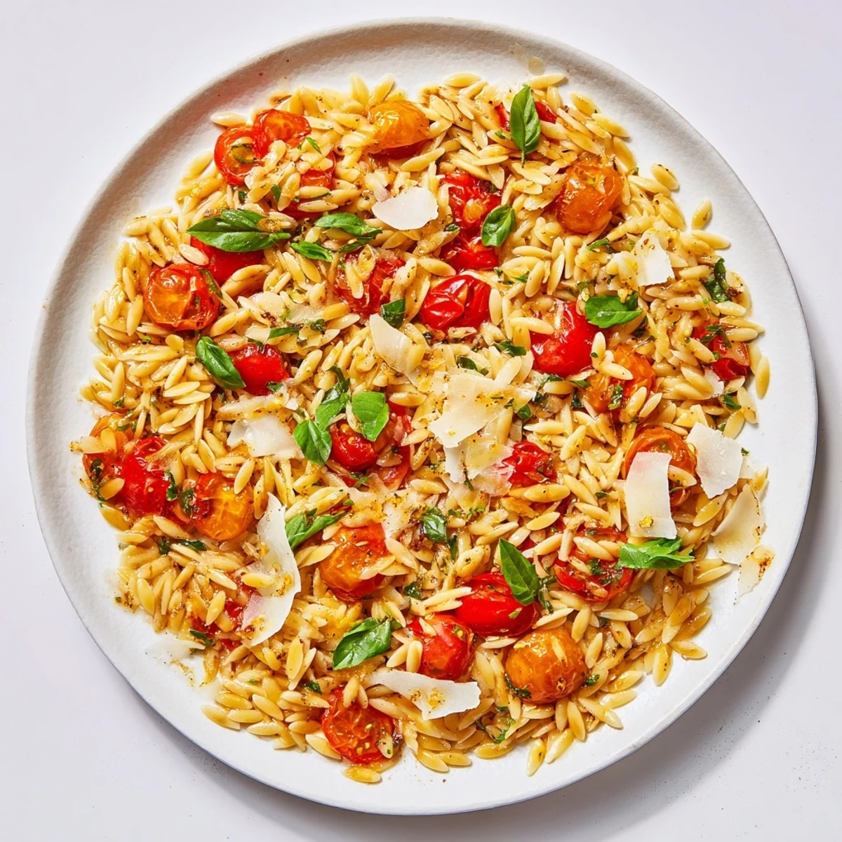 Steaming orzo tomato Parmesan showcasing a flavorful Mediterranean pasta, topped with fresh basil and cheese.