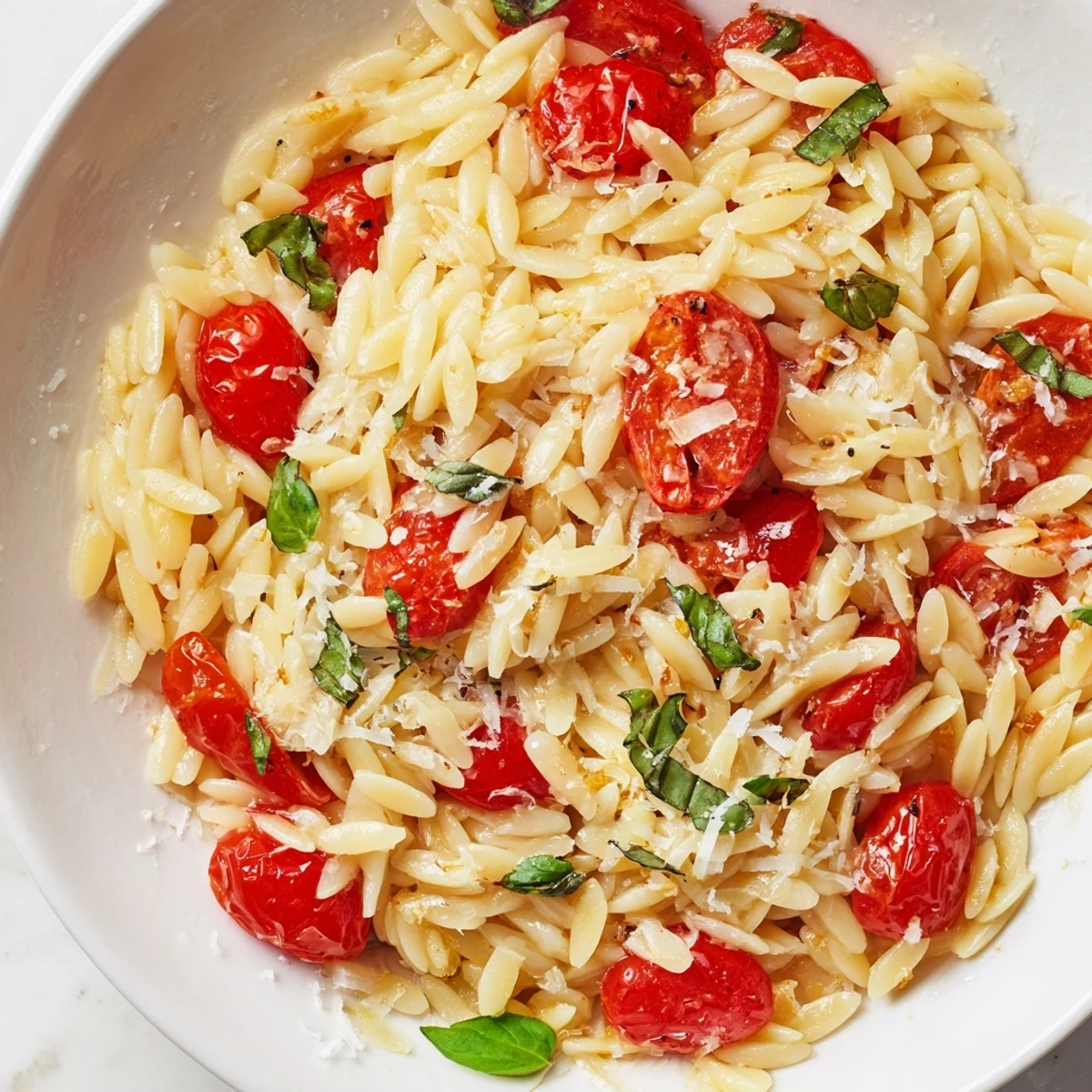 Close-up of creamy orzo tomato Parmesan with visible cherry tomatoes and Parmesan, perfect for dinner.