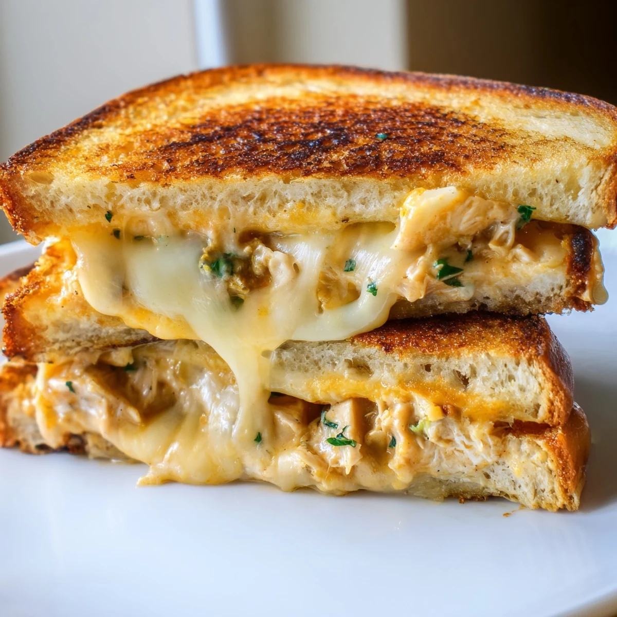 Golden, cheesy Savory Butter Chicken Grilled Cheese sandwich cut open, revealing luscious spiced chicken filling.