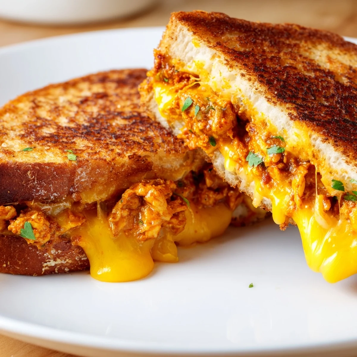Crispy, buttery bread, packed with savory butter chicken, creates the ultimate comfort food grilled cheese.