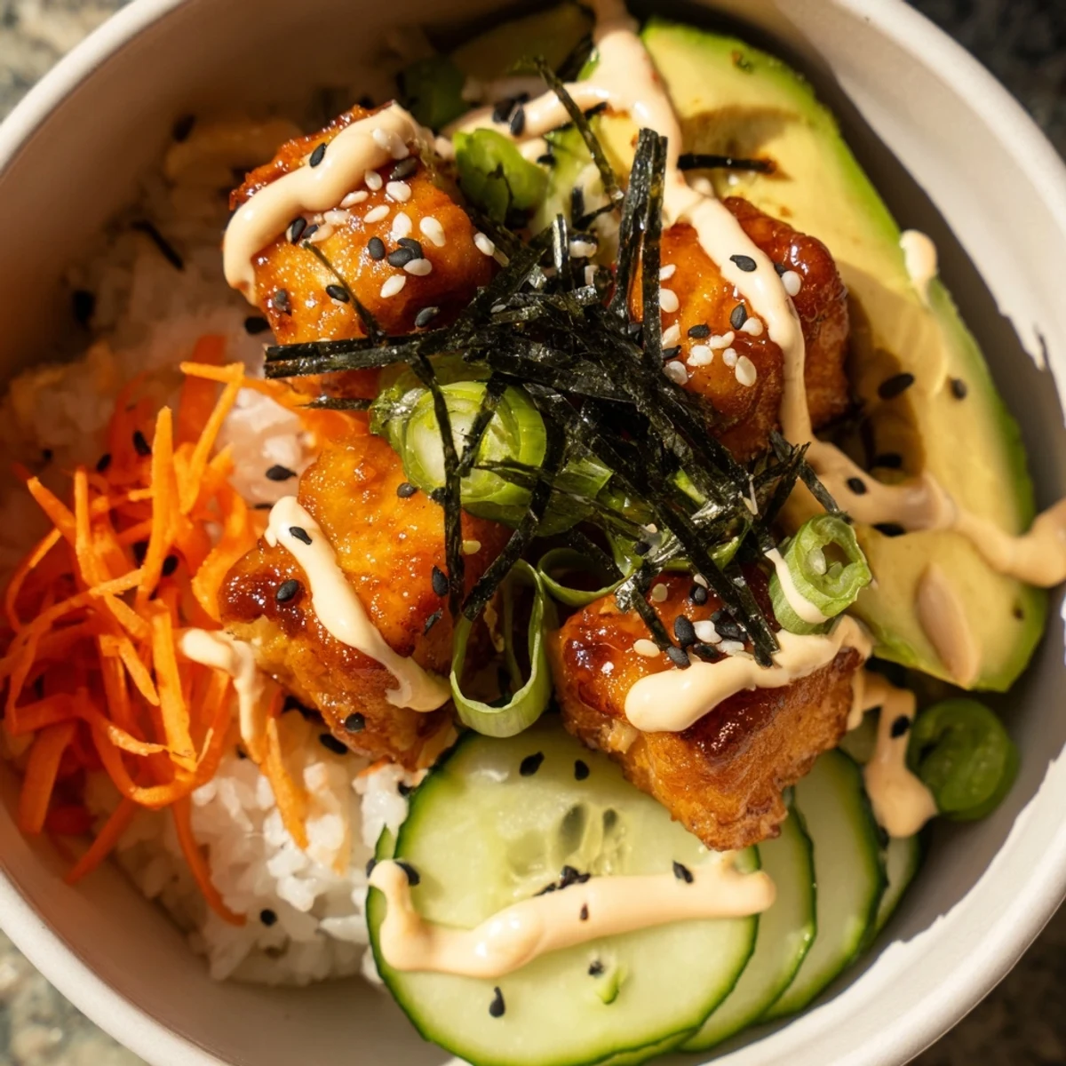 Picture the vibrant Salmon Bites Bowl, with tender salmon, creamy sauce, served over fluffy rice and greens.