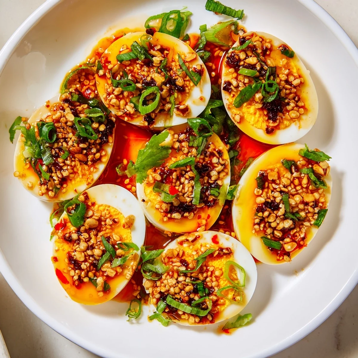 Plate of vibrant Chili Oil Eggs, the rich yolks glistening under spicy chili oil.