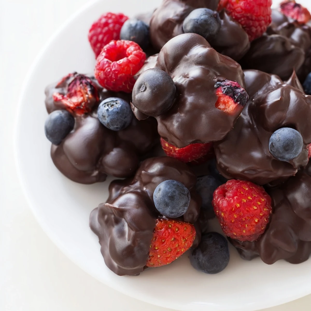 Close-up of frozen Chocolate Yogurt Clusters: a refreshing bite with dark chocolate and berries.